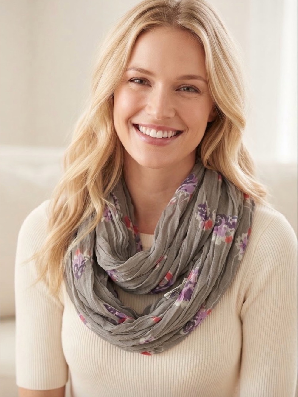 100% cotton scarf - Light Gray Floral Infinity Scarf - Women's Accessory